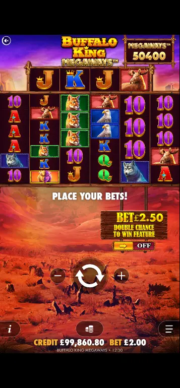 Buffalo King base game on mobile showing full Megaways grid with wildlife symbols and prairie backdrop