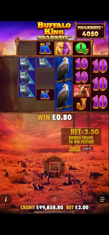 Buffalo King app mobile view showing base game with canyon backdrop and wildlife symbols
